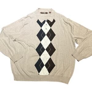 Perry Ellis Mens XXL Oatmeal Argyle Polo Style Long Sleeve Cotton Sweater